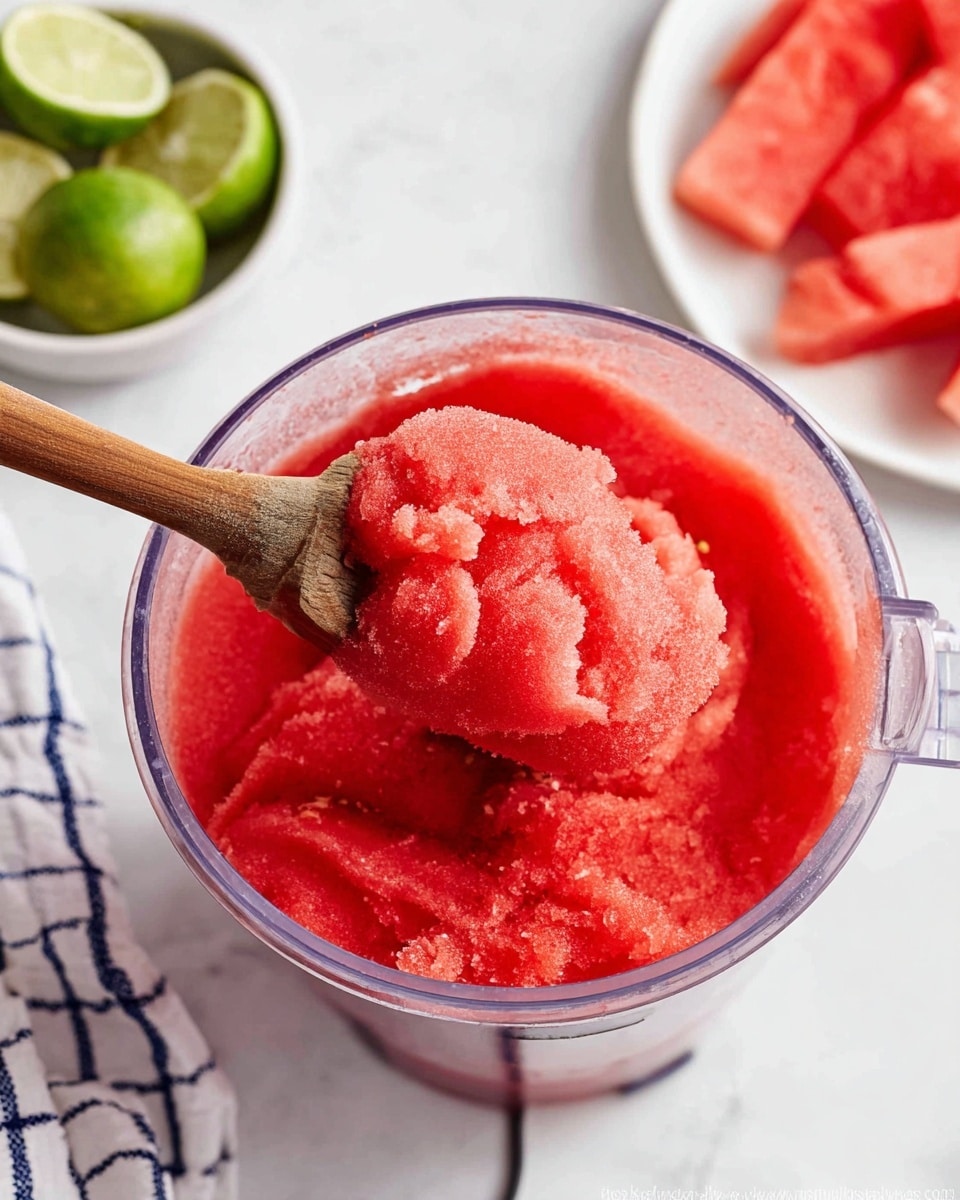 The image shows a clear round blender container filled with bright red, smooth watermelon sorbet with a slightly icy texture. A wooden spoon lifts a scoop from the center, showing the soft and finely crushed consistency of the sorbet. In the background, on a white marbled surface, there is a white plate with sliced watermelon pieces and a small white bowl holding whole and halved limes. A white cloth with a blue grid pattern is partially visible on the side. photo taken with an iphone --ar 4:5 --v 7