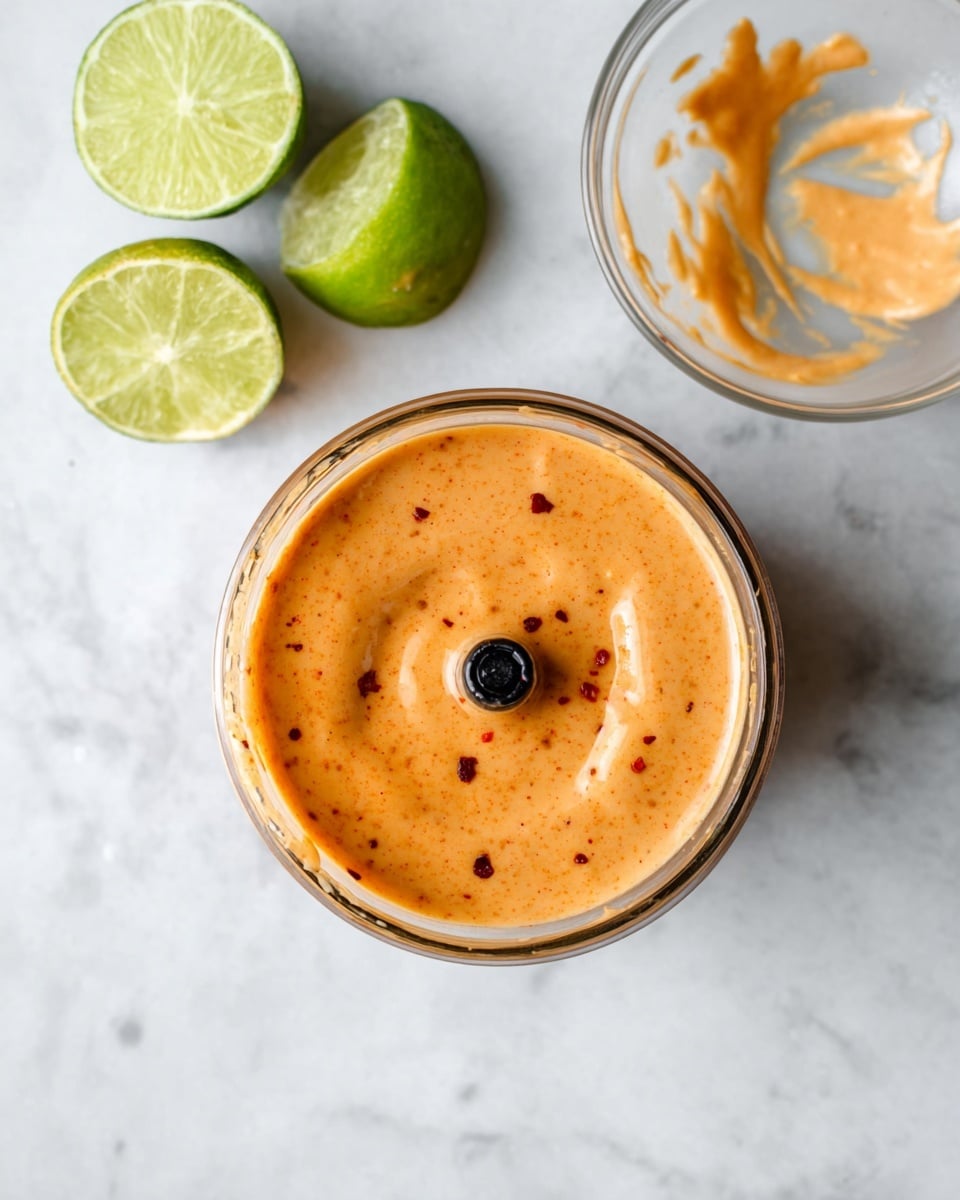 The image shows a top view of a small clear container with smooth orange sauce inside, with some spicy red specks mixed in. Near the container, there are two halves of a green lime placed on a white marbled surface. Next to the sauce container is a small clear glass bowl that has traces of the same sauce inside, with streaks left on the sides. The setting is simple and bright, with focus on the creamy textured sauce in the center. Photo taken with an iphone --ar 4:5 --v 7