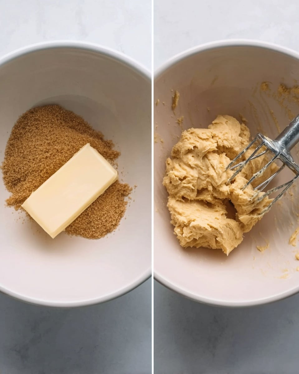 The image shows two side-by-side white bowls on a white marbled surface. The left bowl contains a solid stick of butter next to a pile of brown sugar with a grainy texture. The right bowl holds a mixed, creamy light beige dough with small lumps, being stirred by an old-fashioned metal hand mixer with beaters visible. The bowls are round with smooth edges, and the scene looks like the early step of baking, with soft natural light. Photo taken with an iphone --ar 4:5 --v 7