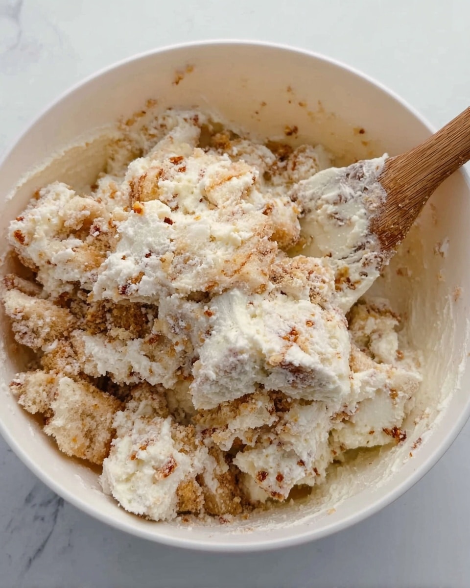 A close-up view of a white bowl filled with a mixture of crumbled light beige bread pieces blended with a creamy, fluffy white mixture that has a grainy texture and small brown bits scattered throughout. A wooden spoon is partially inserted into the mixture. The bowl sits on a clean white marbled surface. photo taken with an iphone --ar 4:5 --v 7
