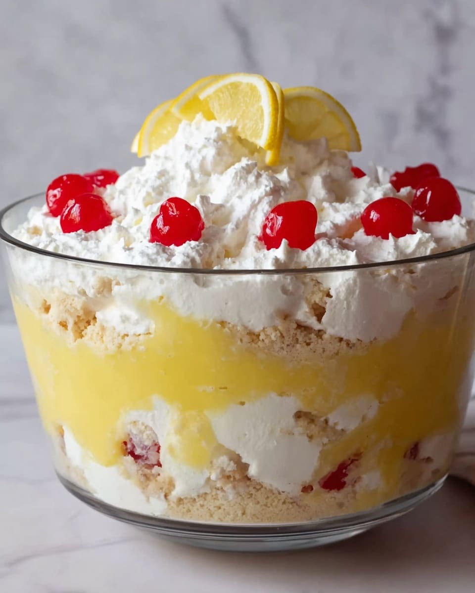 A clear glass bowl holds a layered dessert with about five layers that repeat. The bottom layer is crumbly and light beige in color. Above it is a bright yellow lemon pudding layer, smooth and glossy. This is followed by a fluffy white whipped cream layer, thick and soft. Red maraschino cherries peek out between the lemon pudding and whipped cream layers, placed evenly around the bowl. On top, there is a large mound of whipped cream with thin lemon slices arranged on it. The background is a white marbled texture. Photo taken with an iphone --ar 4:5 --v 7