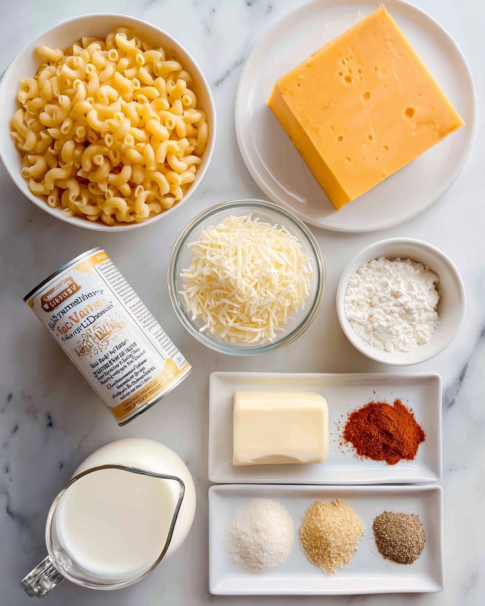 The image shows several ingredients arranged neatly on a white marbled surface. Starting from the top left, there is a white bowl filled with yellow macaroni pasta. To the right, on a white plate, a block of bright orange cheddar cheese sits. Below, a triangular wedge of pale yellow jack cheese rests next to a clear container filled with shredded white mozzarella cheese. Nearby is a small white bowl with a white powder labeled all-purpose flour. A can of evaporated milk lies horizontally with the label facing up. In the bottom center, a white measuring cup contains a creamy white liquid marked half-and-half. At the bottom left, a stick of butter is placed diagonally. Above the butter, a white plate holds four different spices in small piles: beige garlic powder, reddish creole seasoning, white onion powder, and dark red cayenne. The whole setup is well-lit and organized. photo taken with an iphone --ar 4:5 --v 7
