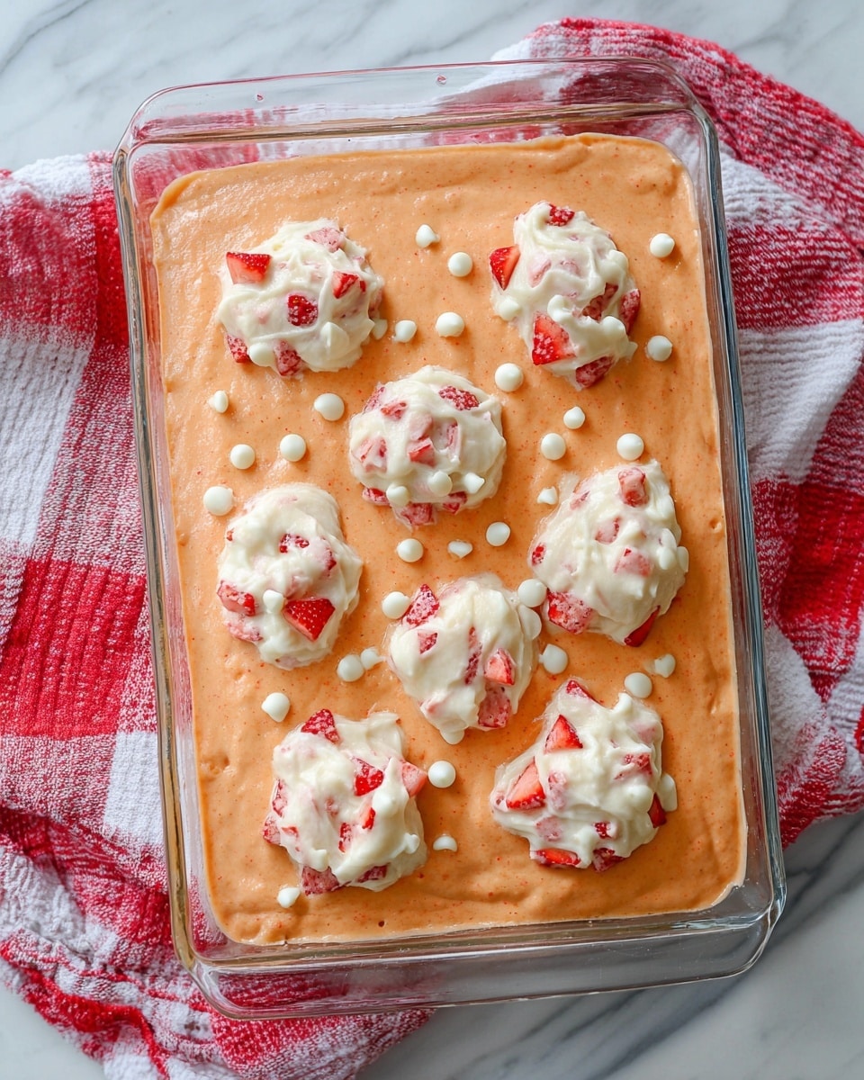 The image shows a clear rectangular glass dish filled with an orange-colored batter as the base layer, smooth and slightly thick. On top, there are nine dollops of creamy white batter mixed with pieces of red strawberries, spread unevenly but mostly centered, giving a textured look to this second layer. Small white chocolate chips are scattered around the strawberry dollops across the orange base, adding small spots of white color. The dish is placed on a white marbled surface with a red and white checkered cloth partially under it. The photo taken with an iphone --ar 4:5 --v 7