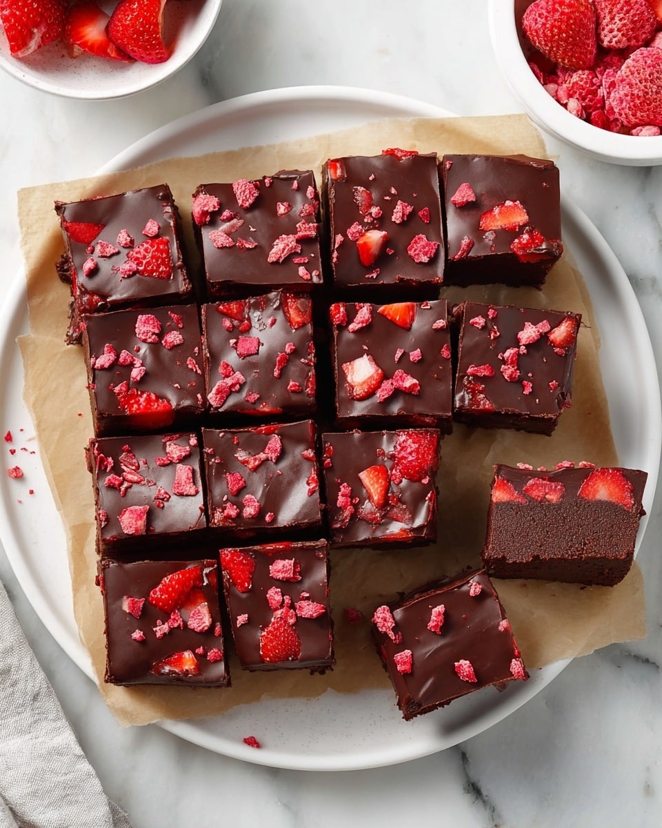 A white plate holds a rectangular block of chocolate squares, cut into 15 pieces arranged in a 3 by 5 grid on brown parchment paper. The top layer is shiny dark chocolate with small bright red dried strawberry pieces sprinkled unevenly across the surface. One square is slightly pulled out to the side, showing a thick, dark chocolate base with a layer of fresh strawberry pieces just beneath the glossy chocolate top. The plate is set on a white marbled surface, with a small white bowl of dried strawberries nearby. The overall look is rich and colorful with a mix of smooth and crunchy textures. photo taken with an iphone --ar 4:5 --v 7