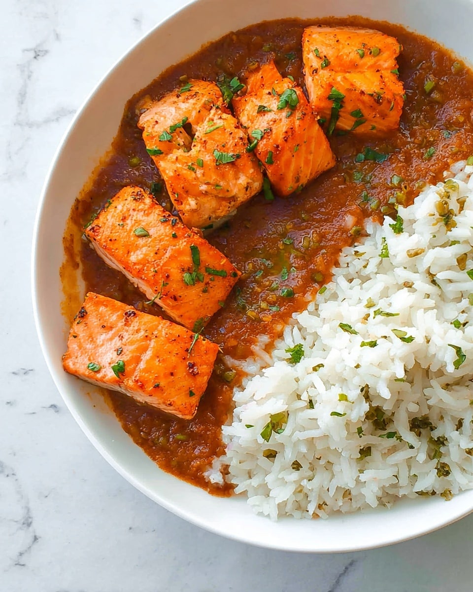The image shows a white bowl with three main parts inside. On the left side, there are five pieces of cooked salmon with a bright orange color and some green herb bits on top. Below the salmon, there is a thick reddish-brown sauce with visible chunks and a slightly rough texture. On the right side, there is a large serving of white rice mixed with small green herbs. The bowl is placed on a white marbled surface. photo taken with an iphone --ar 4:5 --v 7