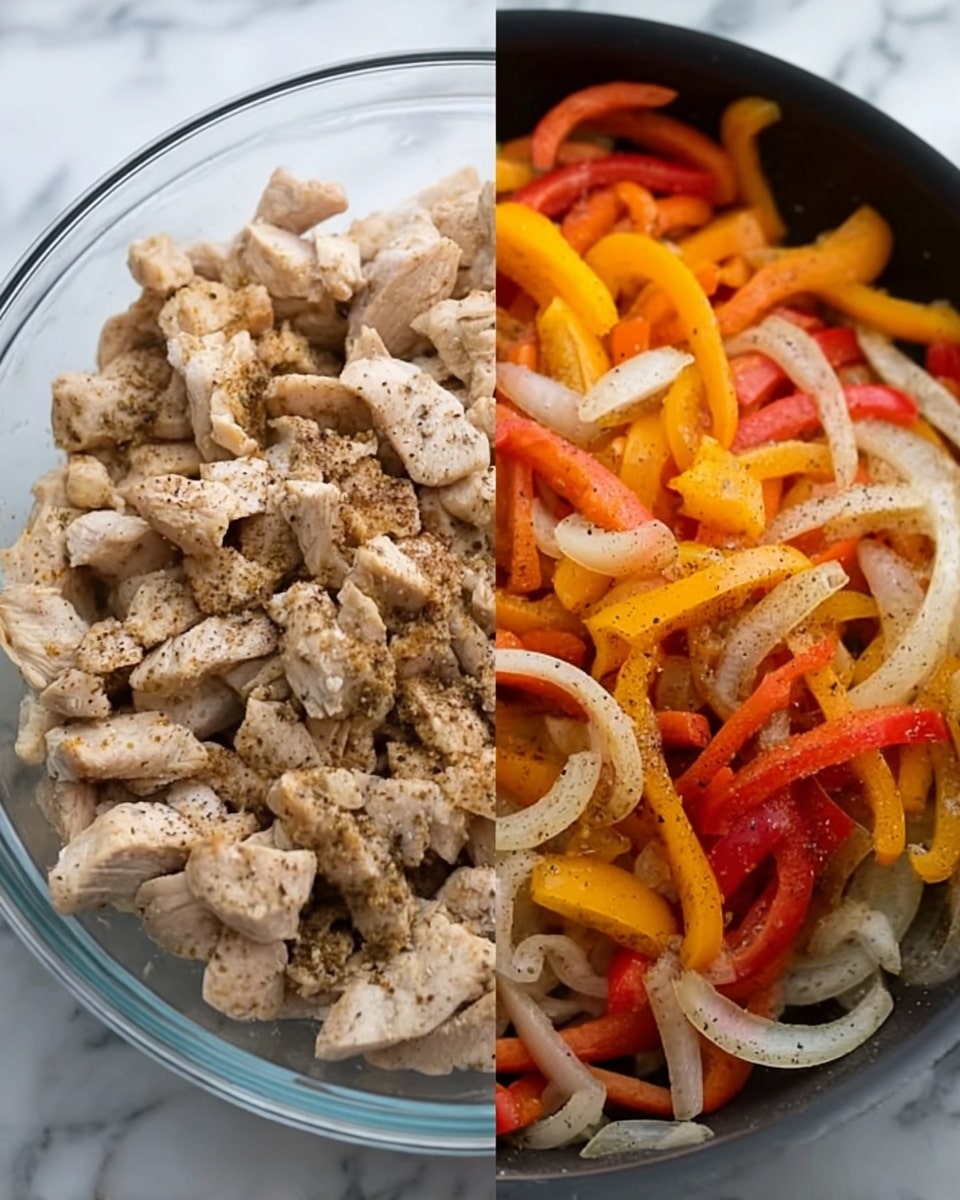 The image is split into two parts. On the left, there is a clear glass bowl filled with small pieces of cooked chicken. The chicken pieces are light beige with a slightly seasoned look and have a soft texture. On the right, a black pan contains sliced red, yellow, and orange bell peppers mixed with thinly sliced white onions. The vegetables are vibrant and fresh, layered in a slightly chaotic way with a sprinkle of seasoning that looks like black pepper or spices spread evenly on top. The background surface is white marbled texture. photo taken with an iphone --ar 4:5 --v 7