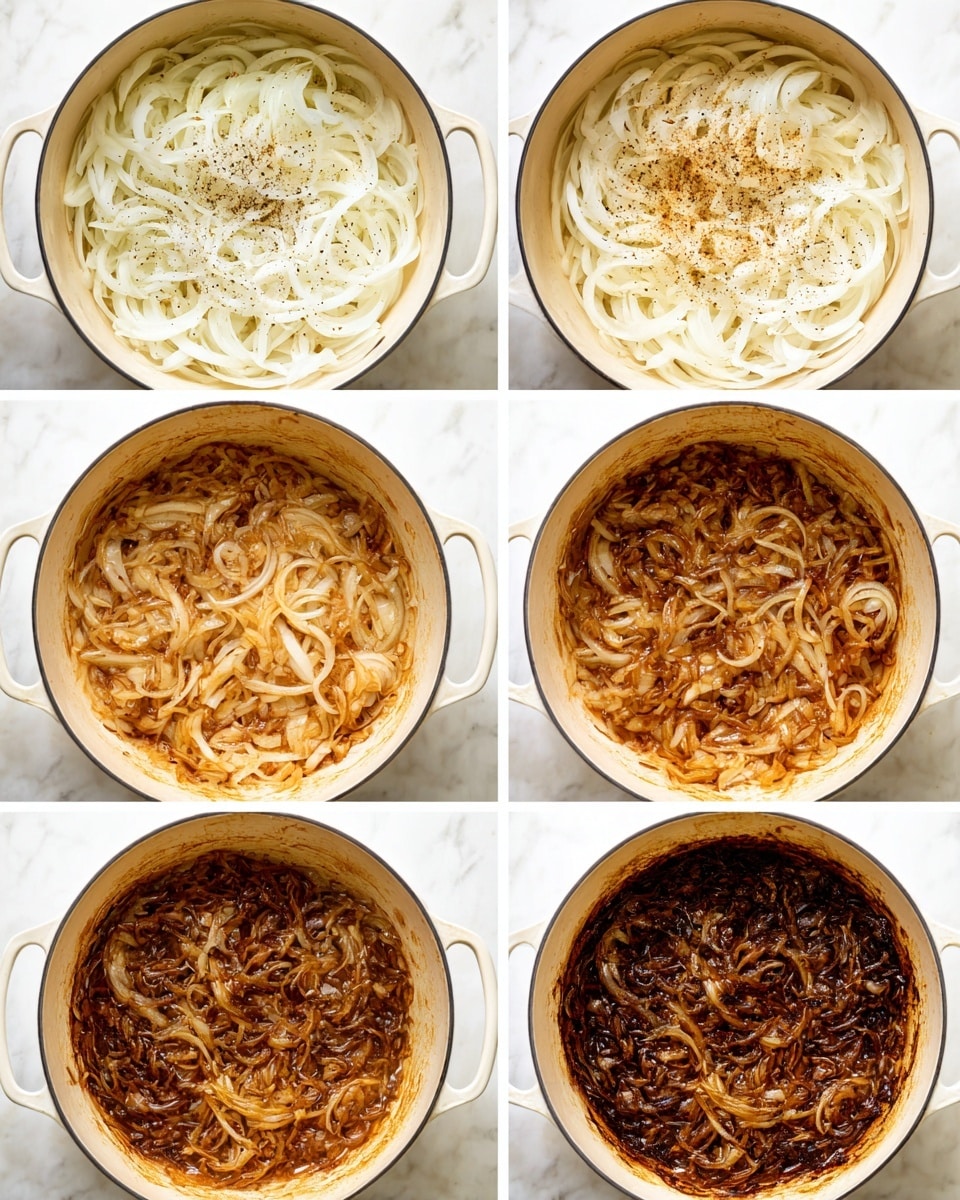 The image shows six stages of cooking caramelized onions in a white cast iron pot set on a white marbled surface. The first layer shows thick white onion rings with black pepper sprinkled on top. The second layer has the onions softened to a translucent white with a glossy texture. The third layer shows the onions turning light golden brown with some caramel color starting to appear. The fourth layer depicts deeper golden and light brown tones as the onions cook more evenly. The fifth layer shows the onions rich with dark golden brown colors and some slight charring at the edges. The sixth layer captures the onions fully caramelized with deep brown color, some pieces darker and glossy, showing the final stage of cooking. photo taken with an iphone --ar 4:5 --v 7