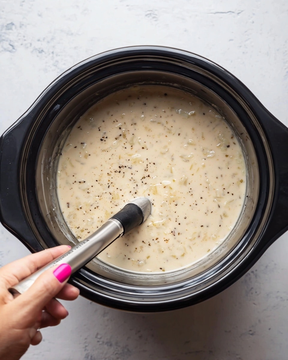 A black slow cooker filled with a creamy soup or sauce that has small pieces of onions or similar ingredients mixed throughout. The liquid is pale beige with specks of black pepper scattered on the surface. A metal immersion blender is partially inside the cooker, blending the mixture. A woman's hand with pink nail polish is holding the blender. The cooker is placed on a white marbled surface. photo taken with an iphone --ar 4:5 --v 7