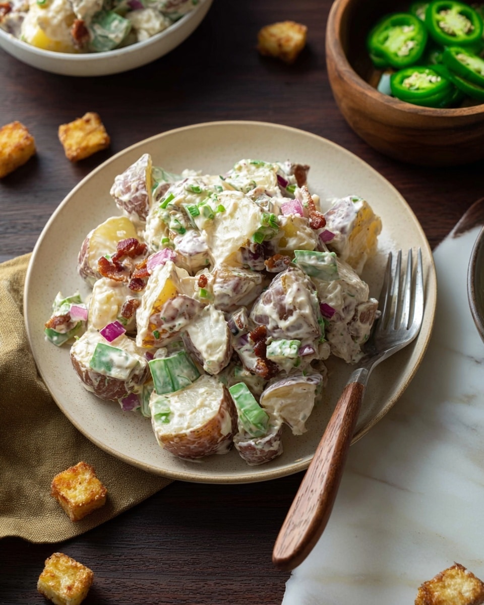 A close-up of a creamy potato salad on a light tan plate, showing about three layers: chunky pieces of browned potato with crispy skin, small bits of green cucumber mixed evenly, and finely chopped red onion all coated in a thick white creamy dressing; a silver fork rests on the edge of the plate with some salad on it. Around the plate, there are scattered small crispy potato cubes on a dark wooden surface, and to the right, a wooden bowl holds slices of green jalapeño. Part of a white bowl filled with more potato salad is visible at the bottom right corner, all set on a white marbled surface. Photo taken with an iphone --ar 4:5 --v 7