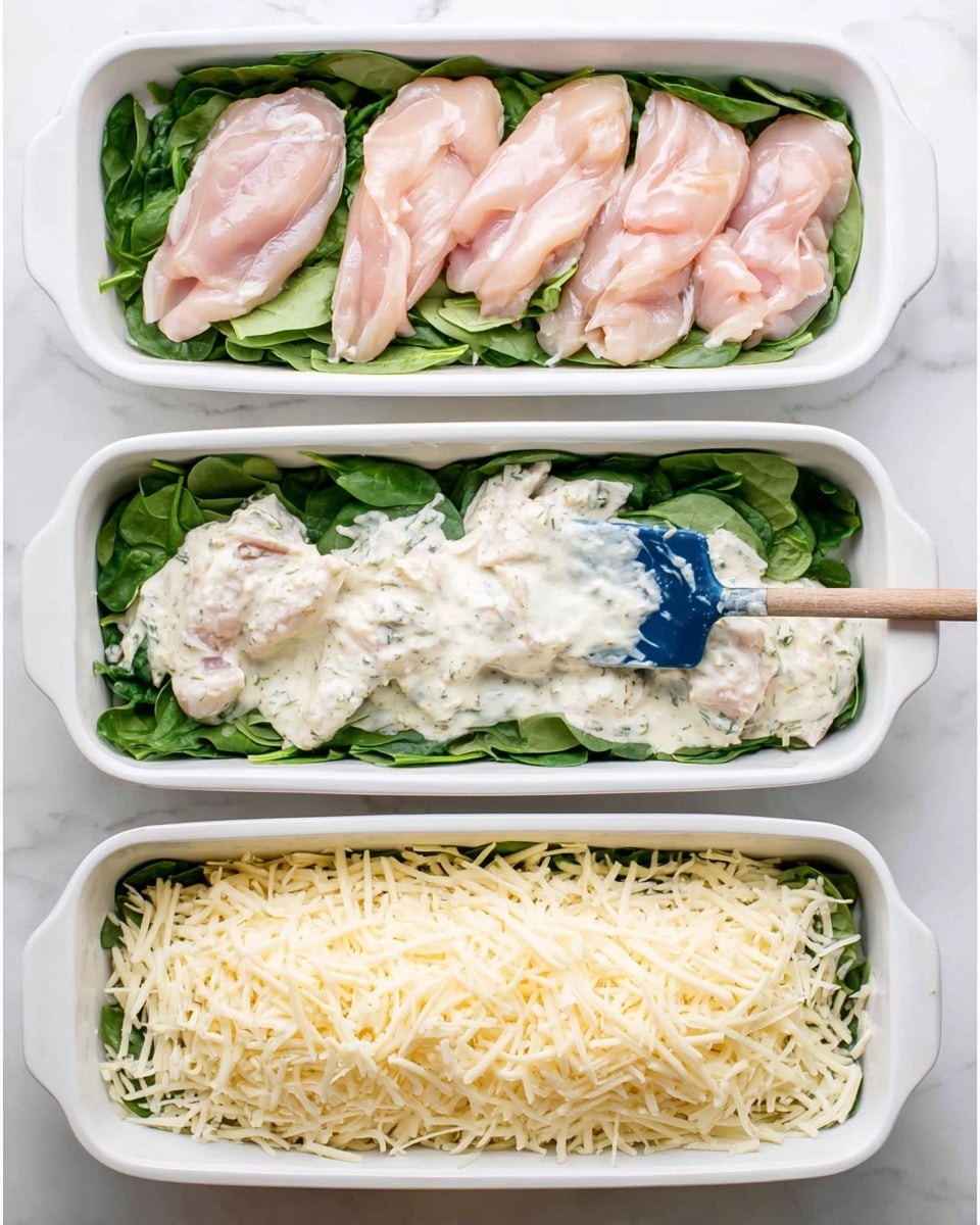 The image shows three white rectangular baking dishes on a white marbled surface. Each dish contains a layered dish starting with a layer of fresh spinach leaves at the bottom, topped by three pieces of raw pink chicken laid evenly spaced. In the middle image, a creamy white sauce is being spread over the chicken with a blue silicone spatula, partially covering the pieces and spinach below. The last dish is fully covered with a thick, even layer of finely shredded pale yellow cheese, hiding the ingredients underneath. Photo taken with an iphone --ar 4:5 --v 7