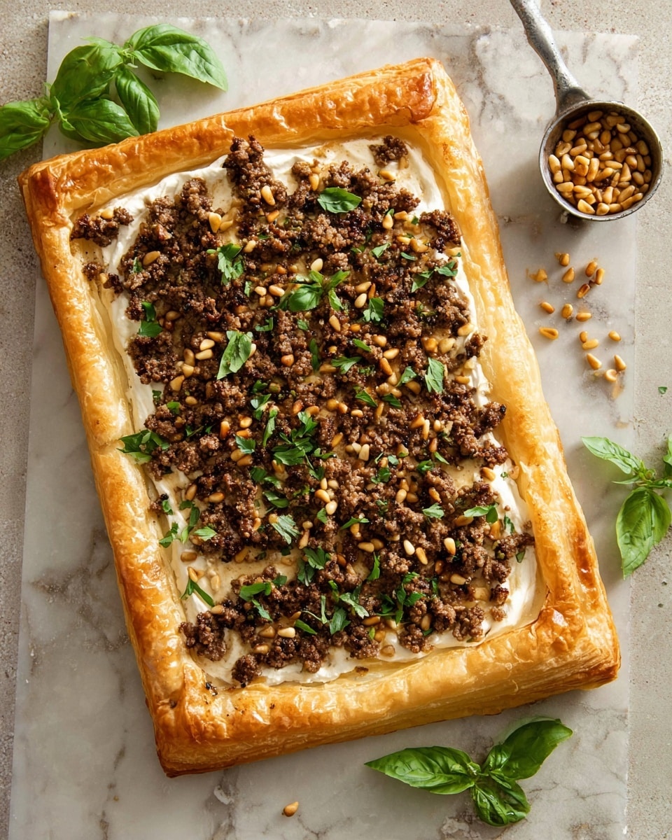 A rectangular golden-brown puff pastry lies flat on a white marbled surface, with thick raised edges forming a border. Inside this border, there is a smooth, creamy white layer spread evenly, topped with crumbled cooked ground meat that is dark brown and textured. Scattered on top are toasted pine nuts that are golden and slightly shiny, adding a contrasting color and crunchy texture. Fresh green parsley leaves are sprinkled over everything, providing a fresh pop of color. To the side, a metal measuring cup filled with more pine nuts sits on the white marbled surface, accompanied by a few loose green basil leaves. photo taken with an iphone --ar 4:5 --v 7