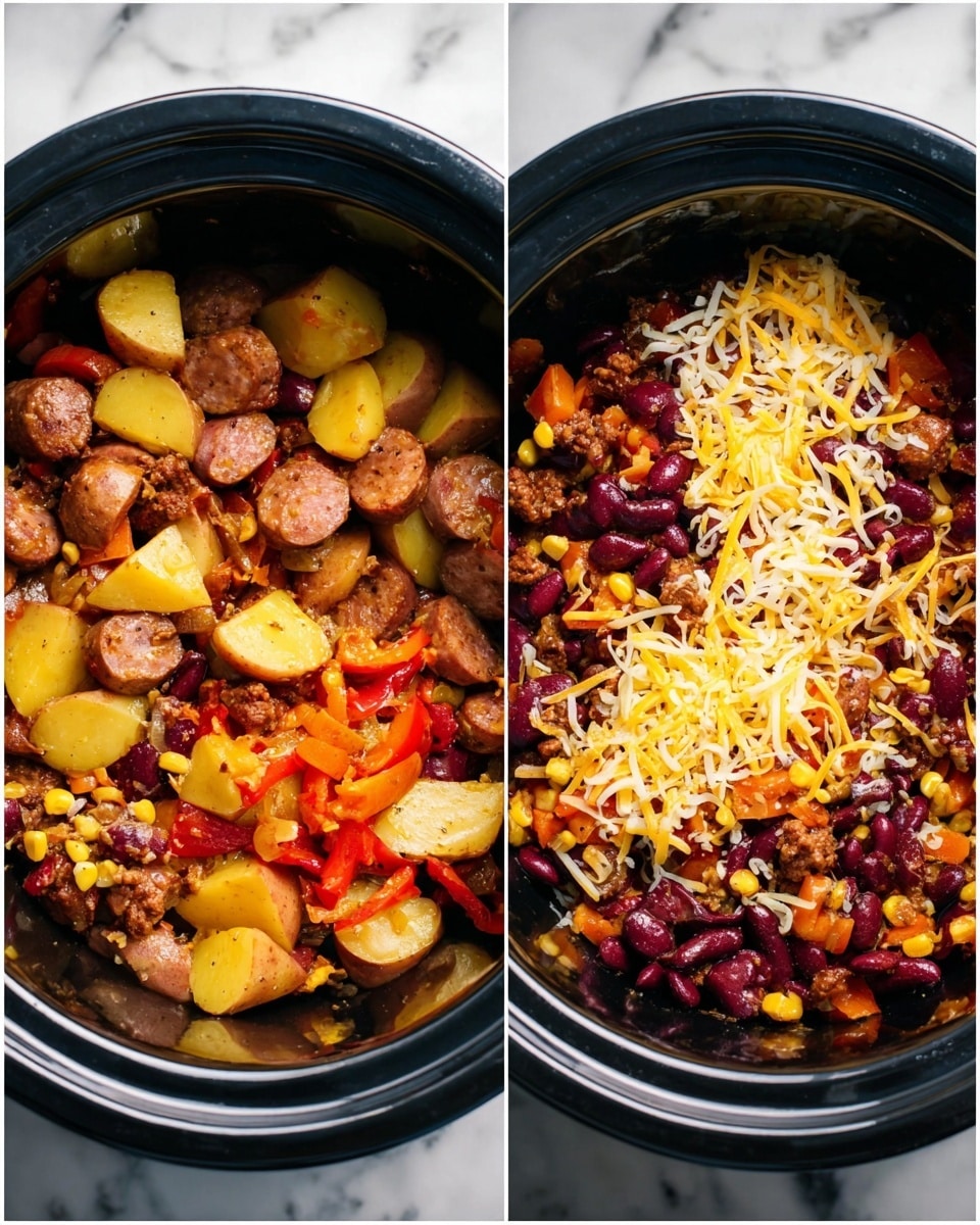 The image shows a close-up of a black cooking pot with a colorful mix of food inside. In the first part, there is one layer with cooked sausage pieces, sliced yellow and red potatoes, red kidney beans, corn, and chopped red bell peppers, all mixed together with a slightly glossy texture from cooking. In the second part, the same mix is now topped with a layer of shredded yellow and white cheese sprinkled evenly over the ingredients below. The background has a white marbled texture. photo taken with an iphone --ar 4:5 --v 7