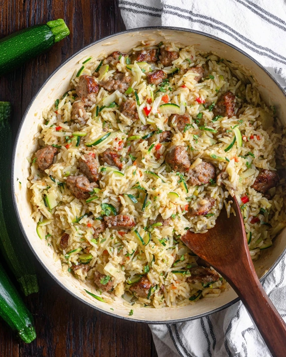 A close-up top view of a creamy rice dish in a large white pan. The dish has layers of soft cooked rice mixed with small pieces of browned sausage with a slightly crispy outside, thin strands of light green zucchini, and small bits of red bell pepper scattered throughout. The rice looks moist and slightly shiny, with a textured mix of colors from the vegetables and sausage pieces. A wooden spoon with a part submerged in the rice is placed on the right side inside the pan, showing a bit of the creamy texture. The pan sits on a dark wooden surface with a white striped cloth folded in the background, and two whole zucchinis with a dark green skin are placed near the bottom left edge of the image. photo taken with an iphone --ar 4:5 --v 7