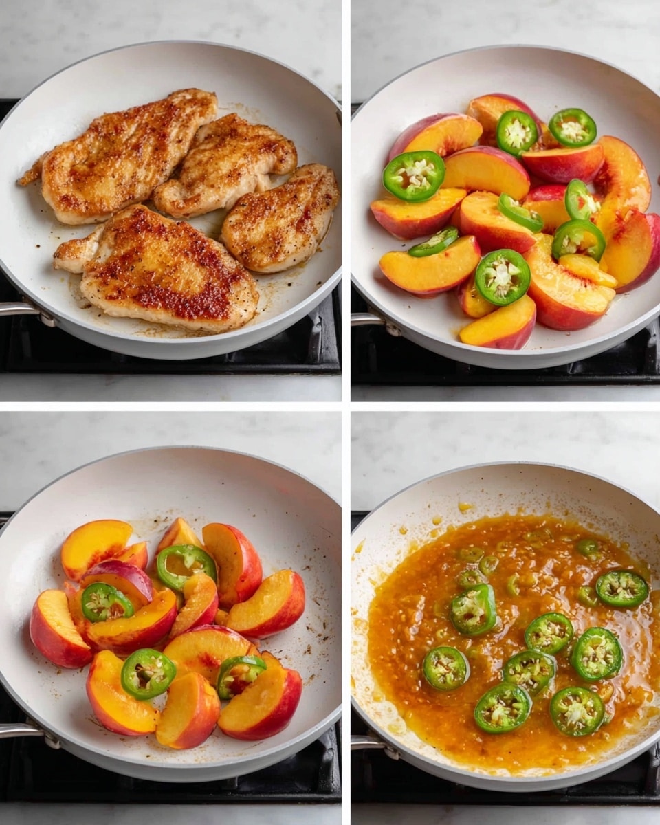 The image shows four steps of cooking in a white frying pan on a stove with a white marbled background. The first frame has four browned chicken pieces with a crispy, golden texture. The second frame shows slices of bright red and orange peaches and vibrant green jalapeño rings placed on top of the chicken. In the third frame, an orange sauce with a slightly thick texture is poured over the peach and jalapeño slices. The fourth frame shows the sauce bubbling gently, coating the peaches, jalapeños, and chicken, giving a glossy look with some steam visible. photo taken with an iphone --ar 4:5 --v 7