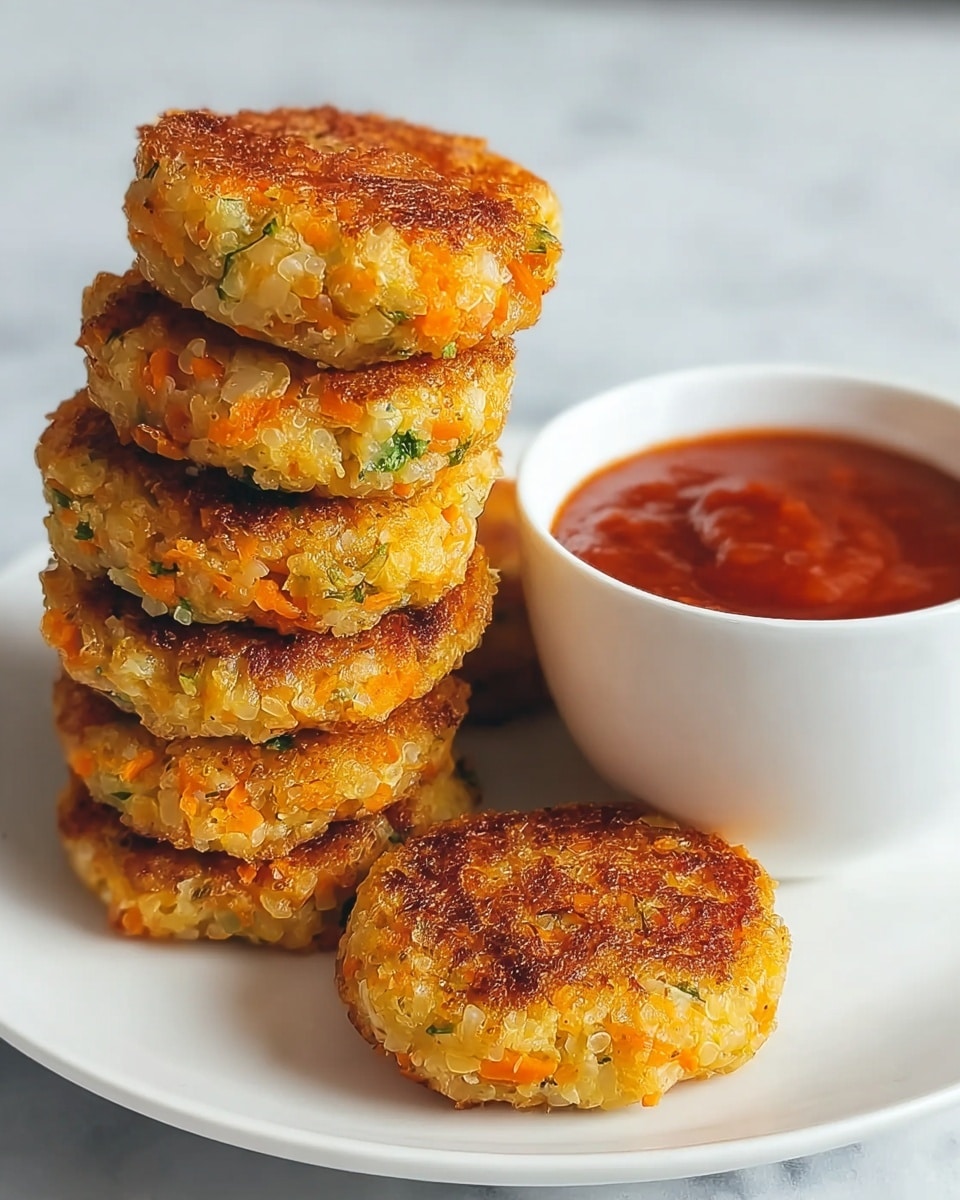 A white plate holds a stack of six golden-brown veggie patties with visible bits of orange carrot and green herbs inside. The patties have a crispy, textured surface and are shaped into small rounds. Next to the stack, there is a white cup filled with thick red sauce. The whole scene is placed on a white marbled surface. photo taken with an iphone --ar 4:5 --v 7