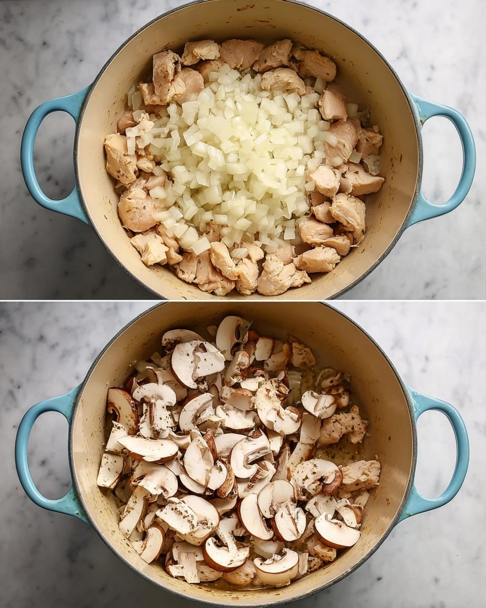 A light blue cooking pot sits on a white marbled surface, filled with pieces of light brown cooked chicken as the base layer. On top of the chicken in the first image, there is a layer of small, chopped white onions mostly on one side. In the second image, a thick layer of sliced white mushrooms with brown gills covers the chopped onions and part of the cooked chicken. The pot has two handles, and the inside is a cream color with some oil glistening around the ingredients. Photo taken with an iphone --ar 4:5 --v 7