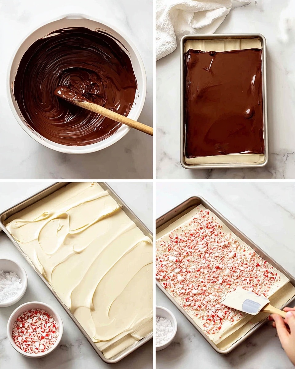 A collage of four images showing the process of making a layered chocolate and white coating treat. The first image shows a white bowl with smooth, glossy dark chocolate and a wooden spoon stirring it. The second image shows a metal tray filled with glossy dark chocolate being spread evenly using a spatula held by a woman's hand, with a white marbled surface underneath. The third image shows a layer of smooth white chocolate being spread over the dark chocolate in the metal tray with the spatula, next to small white bowls filled with crushed red and white peppermint pieces and sea salt. The fourth image shows the white chocolate layer fully covered with crushed peppermint pieces, all on a white marbled surface. photo taken with an iphone --ar 4:5 --v 7