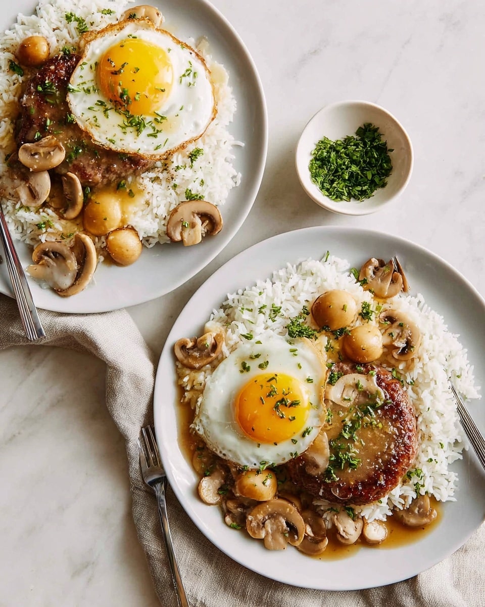 Two white plates sit on a white marbled surface, each filled with layers starting with a base of white steamed rice. On top of the rice, there is a browned meat patty covered with light brown mushroom sauce, scattered with small, cooked beige mushrooms. Each plate also has a sunny-side-up fried egg with a bright yellow yolk positioned on the rice next to the meat patty. Green chopped herbs are sprinkled over the egg, meat, and rice for color contrast. Each plate has a silver fork resting on the edge. A small bowl with more herbs is near the top, and a piece of light cloth is visible under one plate. photo taken with an iphone --ar 4:5 --v 7