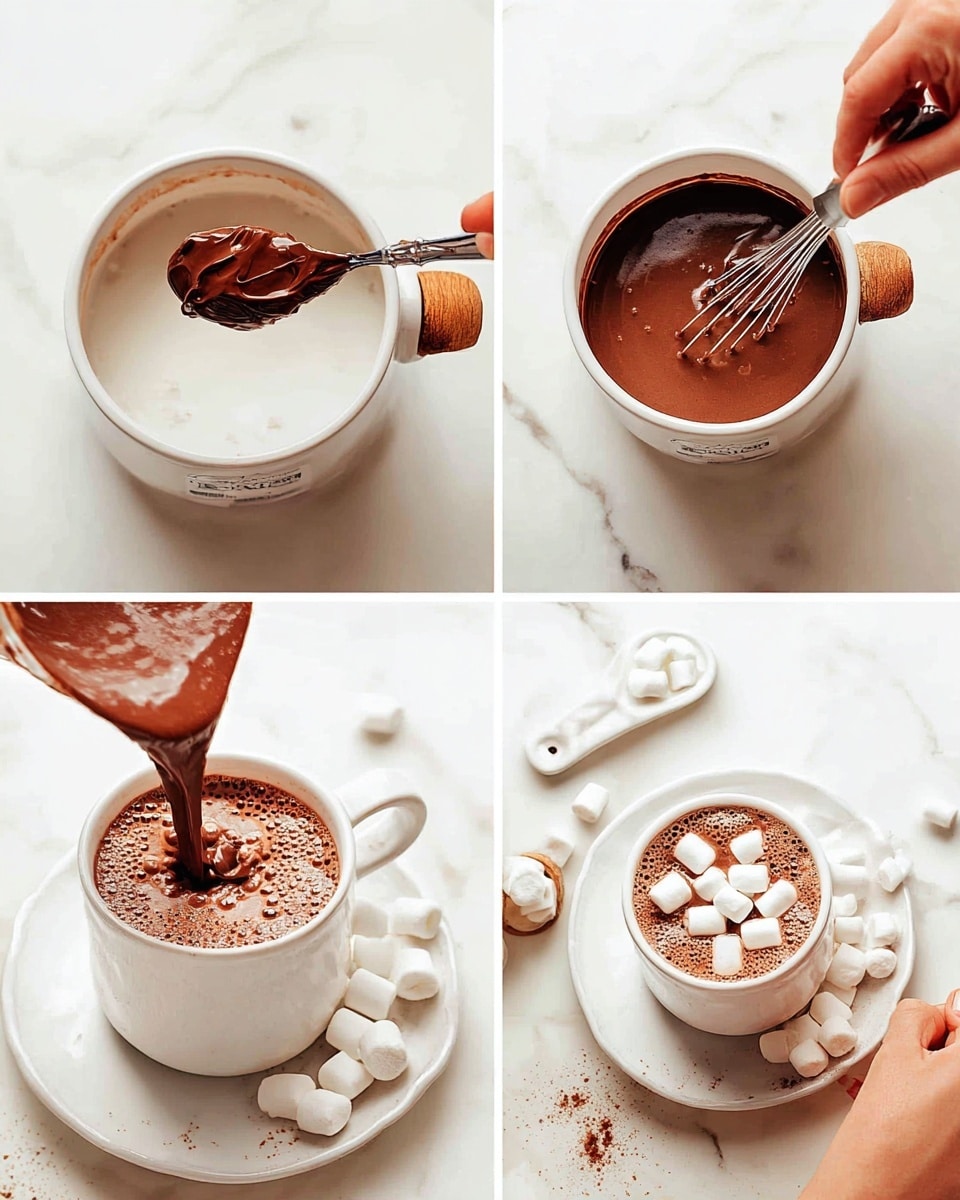 The image shows four steps of making hot chocolate on a white marbled surface. In the first step, a woman's hand holds a black spoon with thick dark brown chocolate spread above a white pot filled with white milk. The second step shows a woman's hand whisking a smooth, chocolatey brown liquid inside the same white pot with a wooden handle. The third step shows the rich chocolate liquid being poured from the pot into a white cup sitting on a matching white saucer; some bubbles are visible on top of the hot chocolate. The final step shows a woman's hand placing a white marshmallow on top of the hot chocolate, which already has many marshmallows scattered on the surface along with a sprinkle of chocolate powder; a white spoon with a chocolate spread tip rests on the saucer beside the cup. Photo taken with an iphone --ar 4:5 --v 7