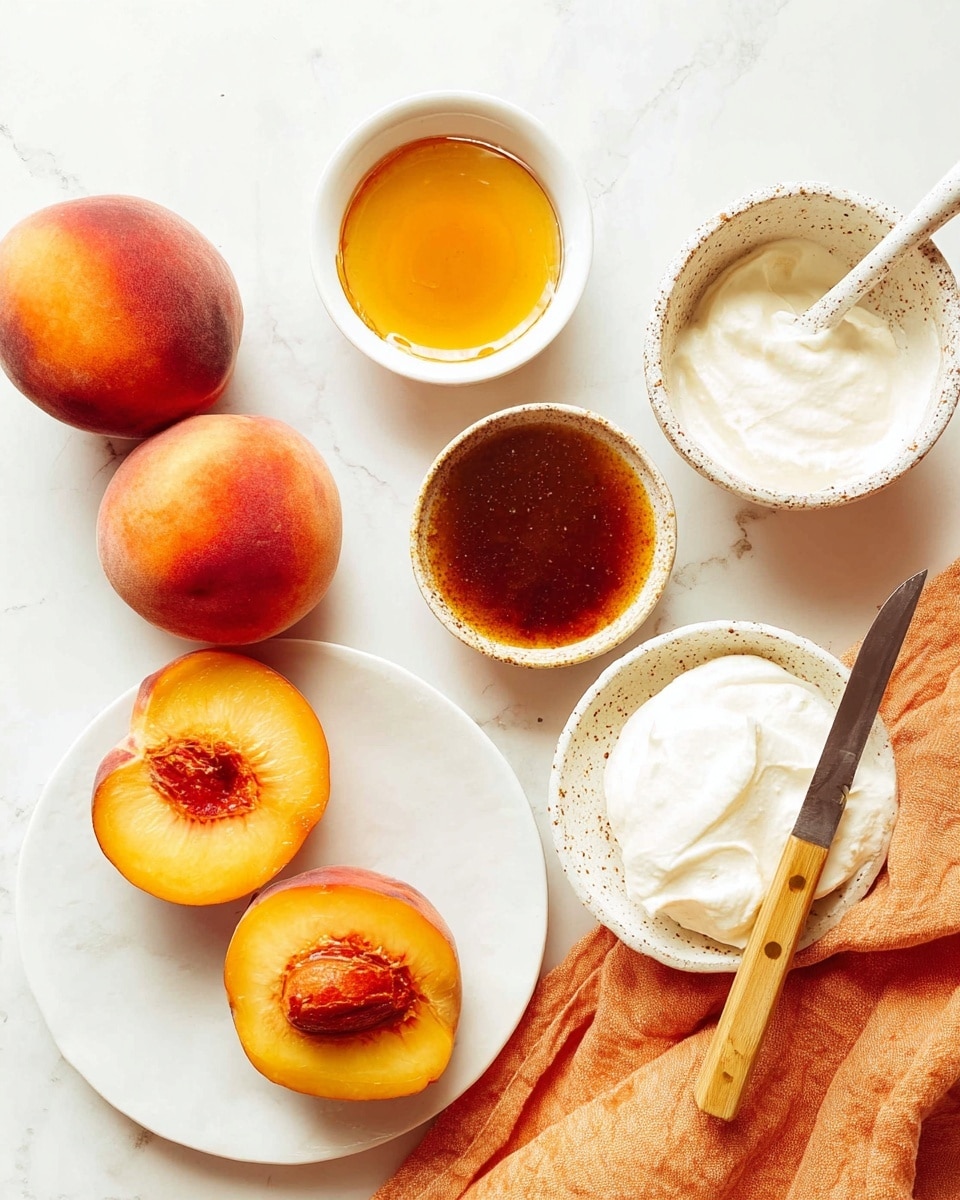 The image shows fresh peaches, with three whole peaches placed on a white plate at the bottom left and two peach halves with bright orange flesh at the top. There is a small white bowl with honey with a thick rim and golden honey inside, sitting near the top center. On the right side, a small white bowl with speckled edges contains a dark brown sauce with a white spoon dipped in it. At the bottom right, a white bowl filled with soft white cream is visible. A knife with a wooden handle lies diagonally on the white plate, resting partly on an orange cloth. All items are placed on a white marbled surface. photo taken with an iphone --ar 4:5 --v 7