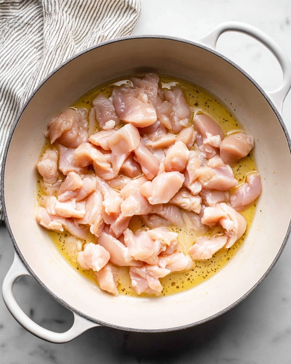 Inside a white cooking pot with two handles, there are small pieces of raw chicken with a pale pink color spread loosely across the bottom. The chicken sits in a light layer of yellowish liquid, likely oil or broth, creating a shiny texture around the meat. The pot is placed on a white marbled surface with part of a striped cloth visible in the top left corner. The overall look focuses on the raw chicken pieces preparing to be cooked. photo taken with an iphone --ar 4:5 --v 7