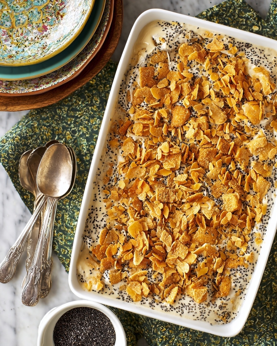 In a white rectangular dish, there is a creamy light beige layer topped with many broken golden crunchy pieces scattered over it. Small black seeds are spread evenly on the creamy base, adding a speckled effect. The dish is set on a white marbled surface with a stack of colorful plates on the left, an old green patterned cloth underneath three silver forks with detailed handles lying beside the dish, and a small white bowl filled with black seeds at the bottom edge of the image. Photo taken with an iphone --ar 4:5 --v 7