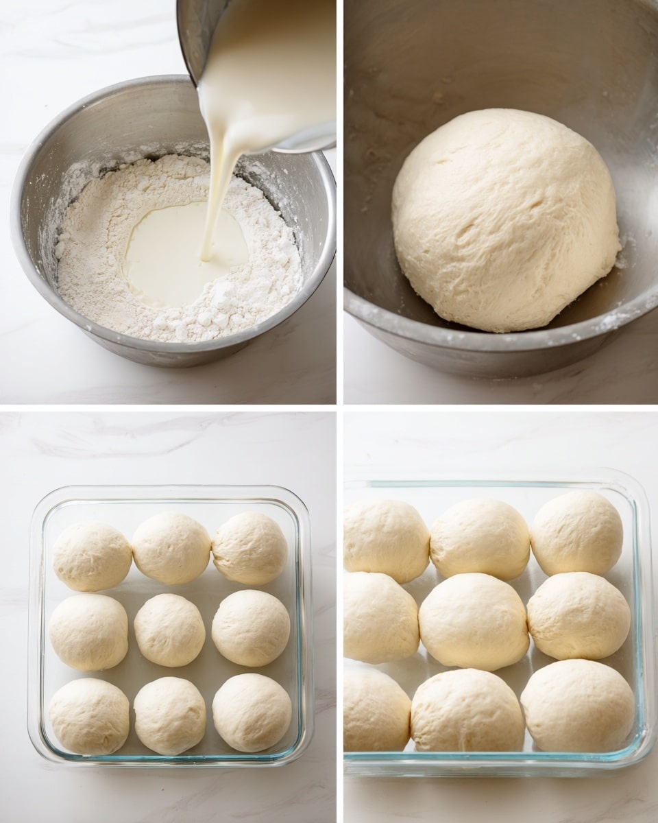 The image shows four steps of dough preparation arranged in a grid. The first photo has white flour spread in a silver mixing bowl with a creamy white liquid being poured over it, creating a soft wet patch on top. The second photo shows a smooth, pale beige dough ball resting in the same silver bowl, with a soft texture and slightly cracked surface. The third photo has a clear square glass dish with eleven smaller smooth round dough balls arranged in rows, evenly spaced on a white marbled surface. The fourth photo shows the same dish and dough balls now risen and touching each other, appearing puffier and softer with a pale off-white color. Photo taken with an iphone --ar 4:5 --v 7