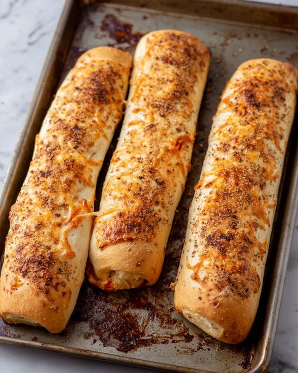 The image shows three long baked rolls on a metal baking tray. Each roll has a golden-brown crust with bits of melted cheese that are light brown and slightly crispy on top. The surface of the rolls is also sprinkled with a coarse, dark seasoning that adds texture. The rolls are evenly spaced in a vertical line on the tray, which has some browned spots and drips from the baking process. The background is a white marbled surface. photo taken with an iphone --ar 4:5 --v 7