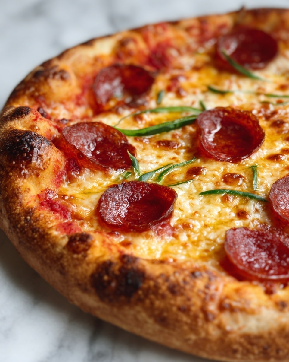 A close-up of a pepperoni pizza showing one thick golden brown crust layer with some charred spots, topped with a layer of melted, bubbly light yellow cheese that has browned in places, beneath which another layer of bright red tomato sauce peeks through. On top of the cheese are several round, dark red pepperoni slices with a shiny, slightly oily texture, and thin green strips of vegetable scattered among them. The pizza rests on a white marbled surface. photo taken with an iphone --ar 4:5 --v 7