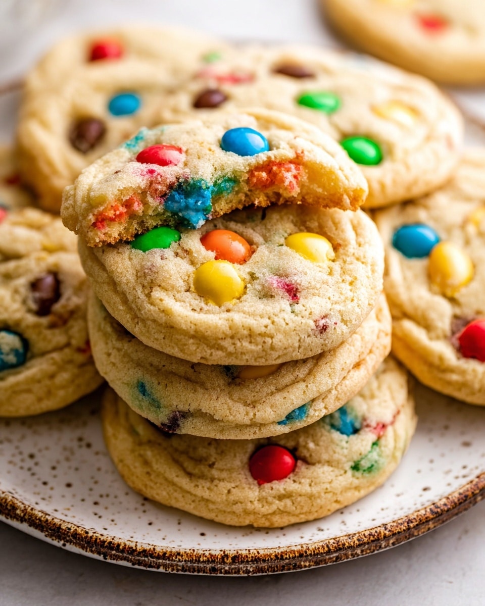 A close-up view of a stack of soft, round cookies on a white plate with brown speckles around the edge. The stack has about eight cookies, with one cookie near the top having a bite taken out, showing a soft, light beige interior. The cookies have a slightly cracked surface and are dotted with small, colorful candy-coated chocolate pieces in red, yellow, green, blue, orange, and brown scattered across the top and inside. The setup is on a white marbled textured surface. photo taken with an iphone --ar 4:5 --v 7