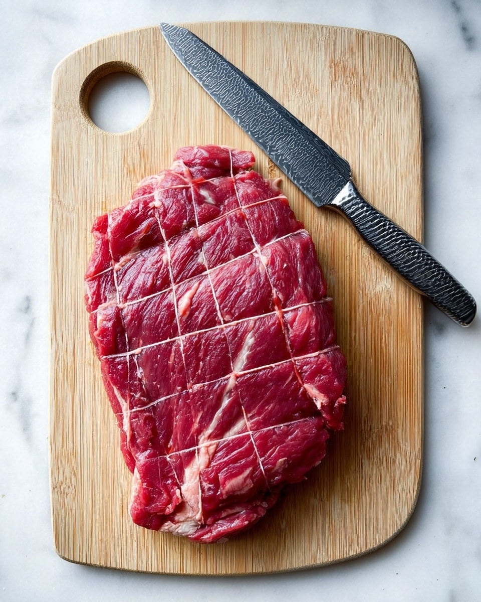 A large, red piece of raw meat lies flat on a light wooden cutting board with rounded edges and a hole on one side. The meat has a grid pattern scored into its surface, revealing the marbled texture and fat within. A large, dark kitchen knife with a textured handle rests diagonally near the top right corner of the cutting board. The cutting board is placed on a white marbled surface, creating a clean and simple background. photo taken with an iphone --ar 4:5 --v 7