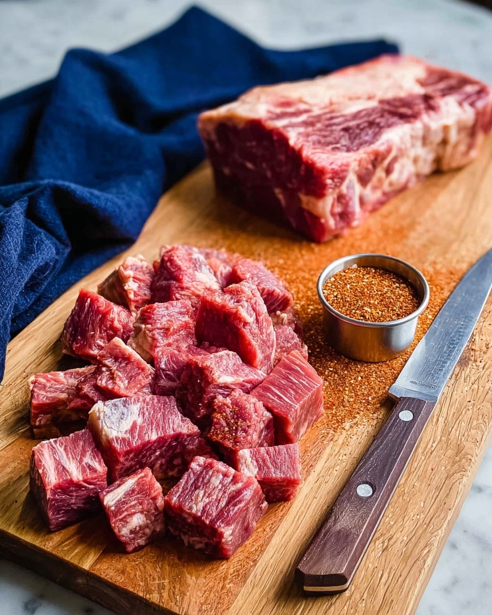 A wooden cutting board holds a whole piece of red meat with white marbling near the top left, next to many small, thick cubes of the same marbled meat spread out in front. To the right of the meat, a long knife with a wooden handle rests on the board. Behind the knife, there is a small metal cup filled with a reddish-brown spice mix. A dark blue cloth lies folded in the background on a white marbled surface. photo taken with an iphone --ar 4:5 --v 7