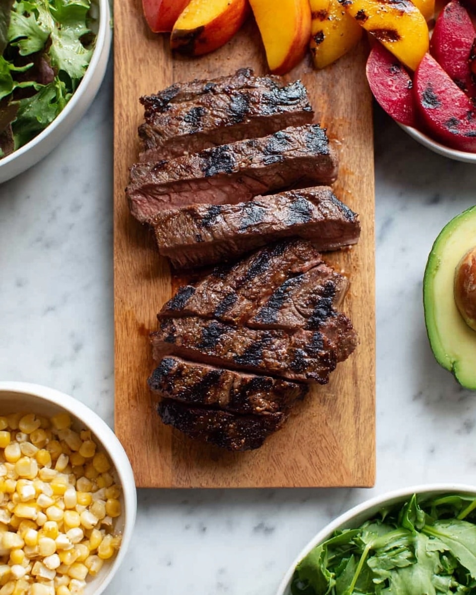 The image shows a wooden cutting board placed on a white marbled surface. On the board, there are two pieces of grilled steak, each sliced into thick strips. The top piece has seven slices with a slightly pink inside and charred grill marks on the brown surface. The bottom piece is thicker, cut into four slices showing the same dark grill marks. Around the board, on the marbled surface, there are several side items: sliced red and yellow fruit on the upper right and left sides, a carved avocado half with grill seasoning on the right, and two white bowls below the board. One bowl is filled with chopped corn kernels, and the other bowl is partially visible with fresh green leafy salad. The woman's hand is not visible in this image. Photo taken with an iphone --ar 4:5 --v 7