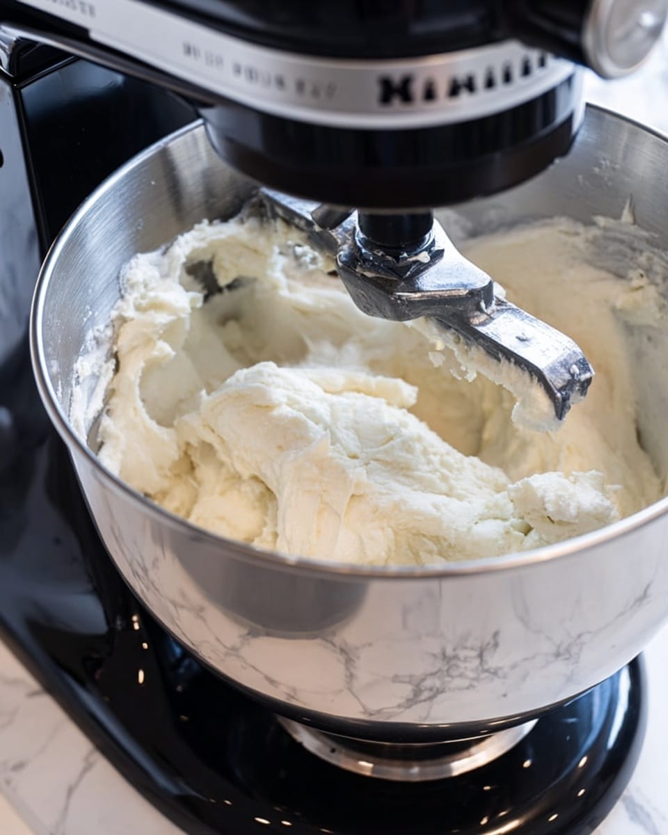 The image shows a close-up of a silver mixing bowl attached to a black kitchen stand mixer. Inside the bowl, there is a smooth, creamy white mixture, being mixed with a flat metal attachment that is partially covered in the mixture. The mixture has a soft, thick texture with some small lumps visible. The bowl sits on a reflective surface with a white marbled texture visible in the reflection. The mixer dial is set off and has numbers from 0 to 10 visible on the top left side. Photo taken with an iphone --ar 4:5 --v 7