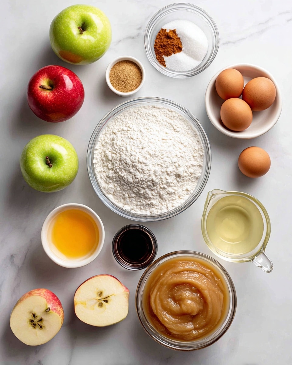 A white marble surface with several clear glass bowls and small white bowls arranged neatly, each holding different ingredients; the largest bowl has a white layer of flour mixed with baking powder and baking soda in the center, a medium bowl contains light brown and white sugars side by side at the top left, a smaller white bowl near the top holds two brown spices in a fine powder form, and another small white bowl near the bottom left holds bright orange juice. Four brown eggs rest to the right near a small metal bowl with white salt, and a very small glass bowl with dark vanilla extract is beside it. At the bottom right, a clear measuring cup filled with pale yellow oil, next to a round bowl of smooth, light brown applesauce. To the left, there are three apples of different colors: one green, one red, and a red apple sliced in half showing its white inside and brown seeds, all sitting on the white marble surface. photo taken with an iphone --ar 4:5 --v 7