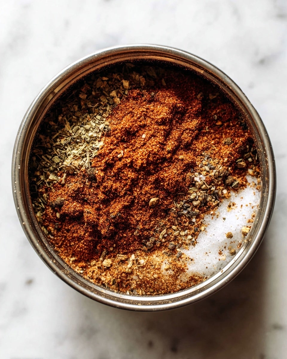 A round metal container sits on a white marbled surface, filled with three visible layers of spices. The bottom layer is coarse white salt, topped with medium brown dried herbs with small greenish and reddish pieces. The topmost layer is a thick pile of fine, reddish-brown powder with a slightly grainy texture, covering a part of the herbs and salt. The container’s inside edge has some reddish powder residue, and the photo is taken from above. photo taken with an iphone --ar 4:5 --v 7