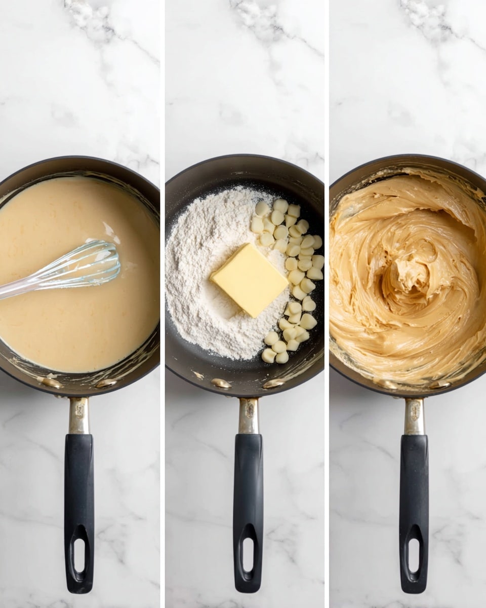 The image shows three side-by-side photos of a black saucepan on a white marbled surface. In the first photo, the pan contains one smooth layer of light beige liquid being stirred with a clear spatula. The second photo shows the pan with multiple layers: a layer of white flour, a few white chocolate chips, a square of yellow butter, and the beige liquid underneath, all ready to mix. The third photo reveals the mixture inside the pan after stirring, now a thick, creamy, swirled texture in shades of light tan and beige, with the clear spatula still inside. Photo taken with an iphone --ar 4:5 --v 7