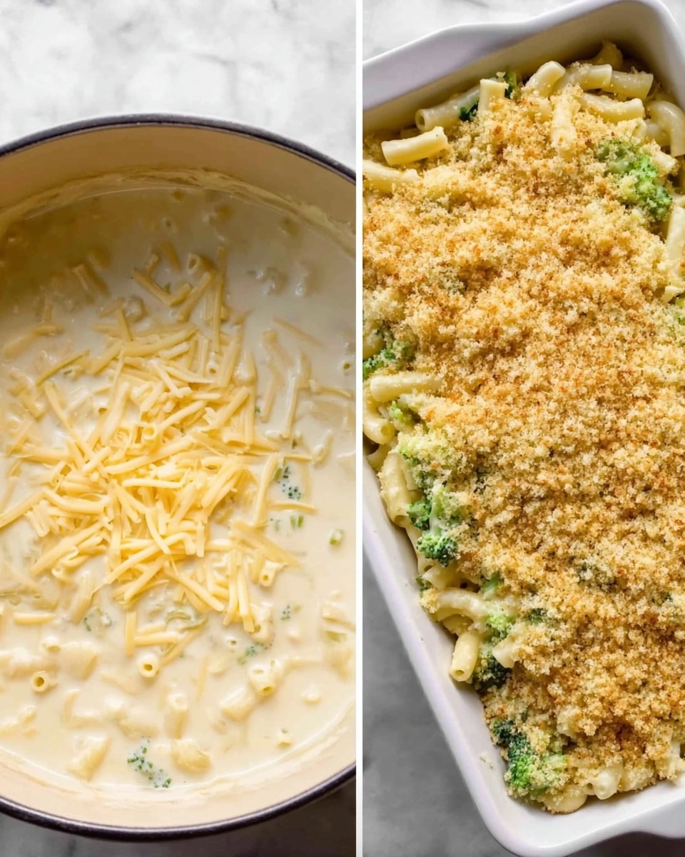 The image shows two parts side by side on a white marbled surface. On the left, there is a close-up view of a pot filled with creamy white sauce mixed with shredded yellow cheese floating on top, creating a soft, textured appearance. On the right, there is a white rectangular baking dish filled halfway with macaroni pasta mixed with small green broccoli pieces, all covered with a layer of golden brown breadcrumbs on one side, showing a contrast between creamy pasta and crispy topping. photo taken with an iphone --ar 4:5 --v 7