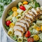 Pesto Pasta with Grilled Chicken, Cherry Tomatoes, and Arugula Recipe
