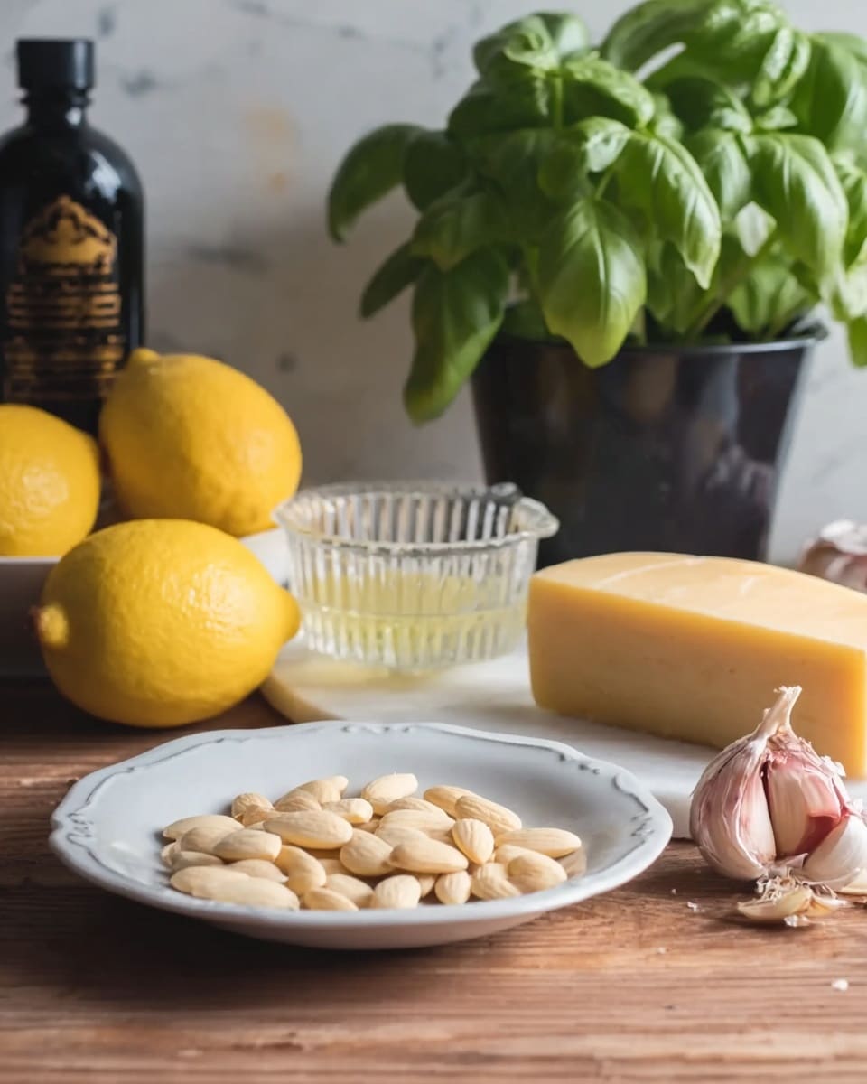 The image shows a white plate with light beige almonds on it, placed on a wooden table. Behind the plate, there is a large block of yellow cheese and a garlic bulb with a pinkish clove near it. To the left, there are two whole yellow lemons beside a clear glass citrus juicer with some lemon juice in it. A black pot with fresh green basil leaves is visible in the background, along with a dark bottle with gold writing on it. The scene is set on a white marbled surface. Photo taken with an iphone --ar 4:5 --v 7