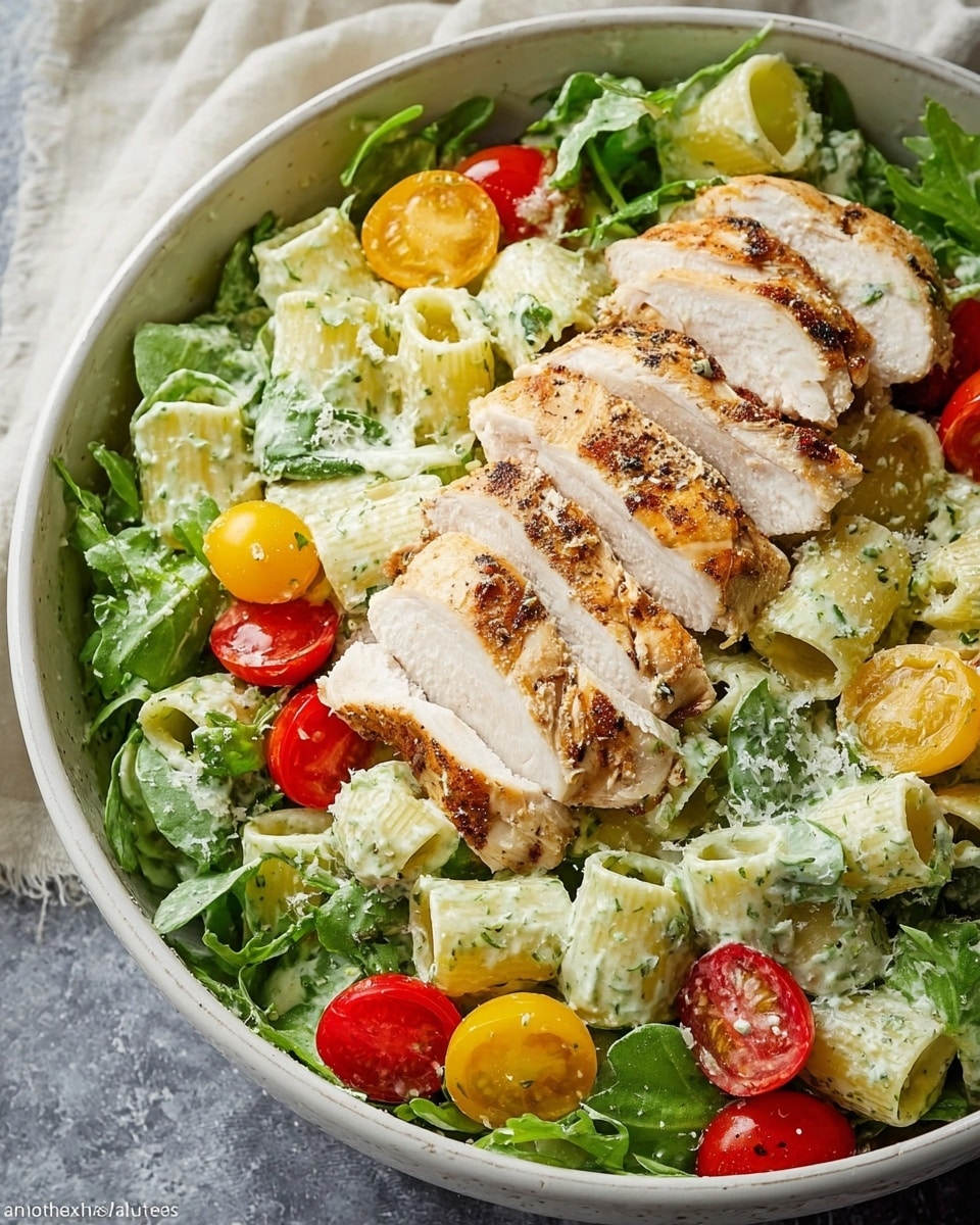 A white bowl holds a fresh salad with a base layer of green leafy arugula and several pieces of pale green rigatoni pasta coated with a light creamy dressing. On top, there are bright red and yellow cherry tomatoes scattered around for color. Sliced grilled chicken with a golden brown and slightly charred outside, and white tender inside, is placed neatly in the center in a row. The salad looks fresh and colorful, with a mix of smooth pasta, leafy greens, juicy tomatoes, and savory chicken. photo taken with an iphone --ar 4:5 --v 7