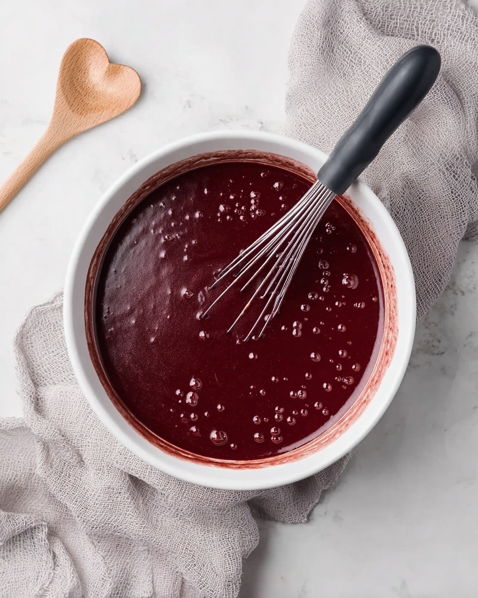 A white bowl filled with smooth, deep red batter that has a glossy texture and air bubbles on the surface. A whisk with a black handle rests in the bowl, partially covered with the red batter. The bowl sits on a white marbled surface with a soft gray cloth underneath and a wooden spoon with a heart-shaped cutout lies nearby. The scene shows a top-down view with soft natural light. photo taken with an iphone --ar 4:5 --v 7