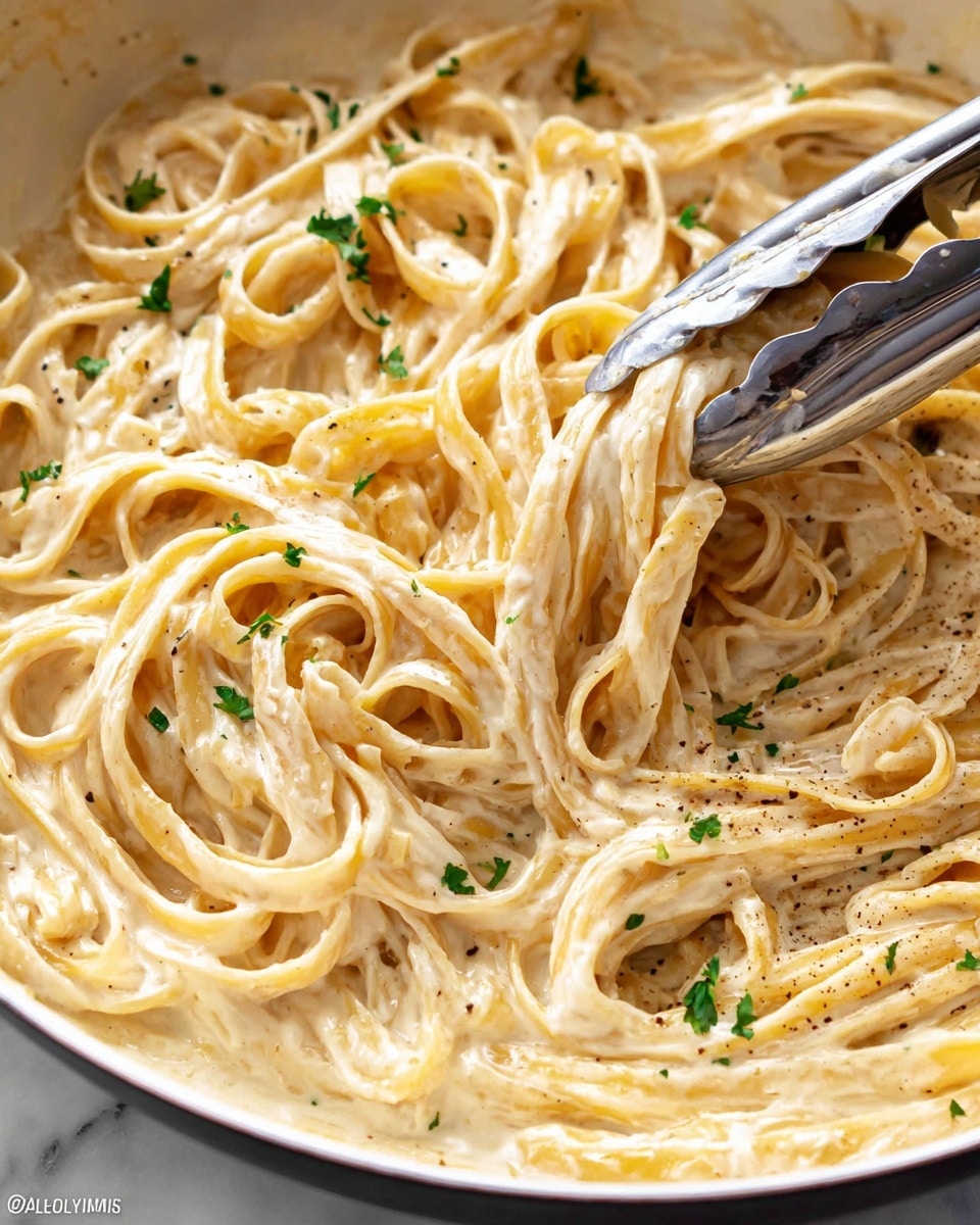 A close-up of creamy fettuccine pasta with a smooth, light beige sauce coating long, flat pasta strands layered thickly in a white pan. The sauce has flecks of black pepper and small pieces of green parsley sprinkled on top, adding color contrast. Shiny silver tongs are mixing the pasta, lifting some strands in the center, showing the smooth texture of the sauce clinging to each strand. The background features a white marbled surface. photo taken with an iphone --ar 4:5 --v 7