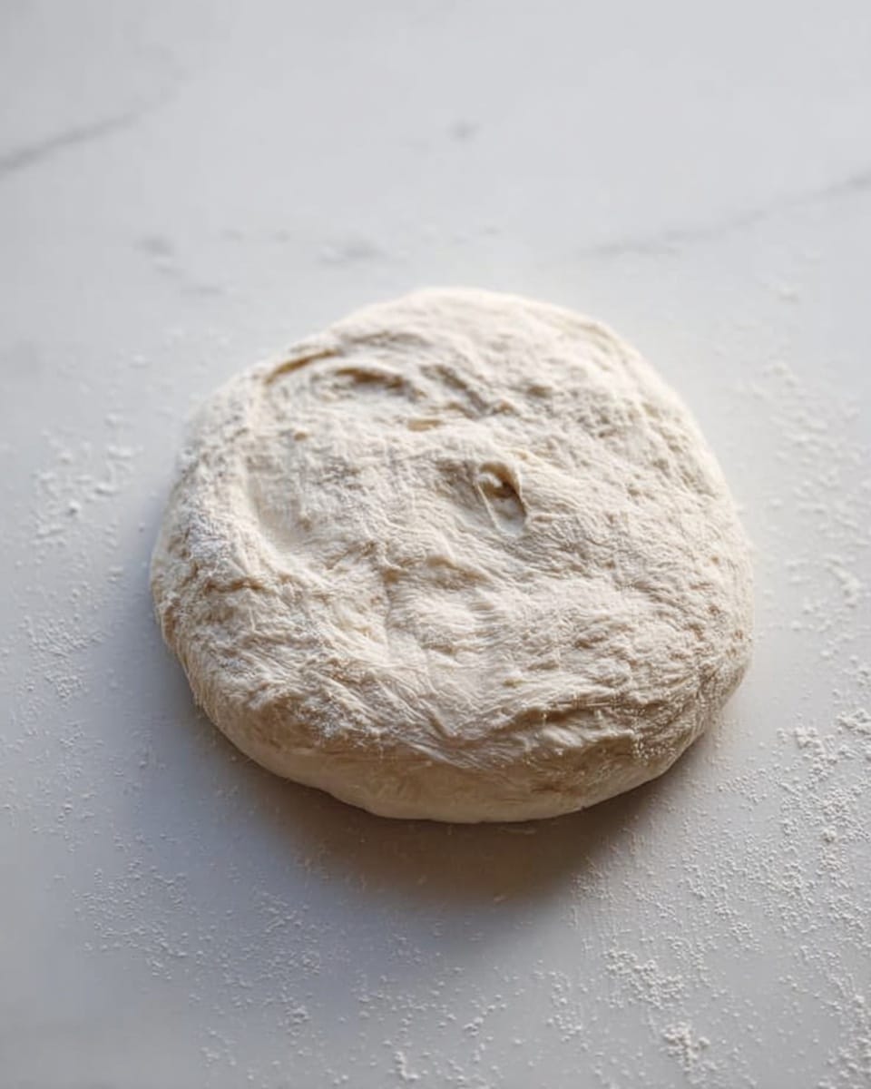 A round, white dough ball is placed directly on a white marbled surface, showing a slightly flattened center with a few creases and bubbles. The dough looks soft and smooth with a light dusting of flour on top, giving it a textured, powdery appearance. The edges are uneven and relaxed, giving the dough a natural, handmade look. Photo taken with an iphone --ar 4:5 --v 7