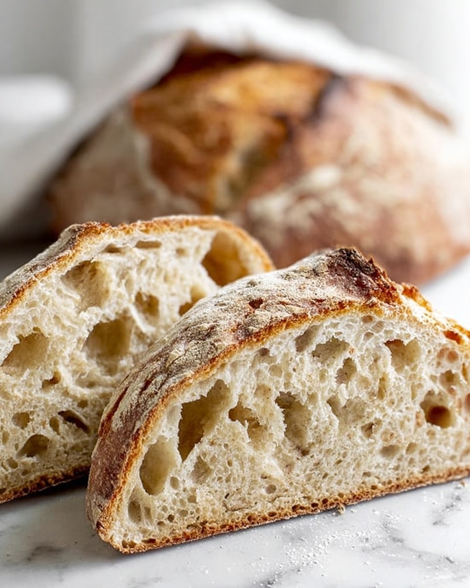 Two slices of rustic bread are placed on a white marbled surface. The bread has a thick, golden-brown crust with a slightly darker, toasted top edge. The inner part shows a light creamy color with large, uneven holes, showing a soft and airy texture. In the background, part of the whole round loaf, covered with a white cloth, is slightly blurred. The scene has soft natural light highlighting the rough texture of the crust and the airy inside. Photo taken with an iphone --ar 4:5 --v 7