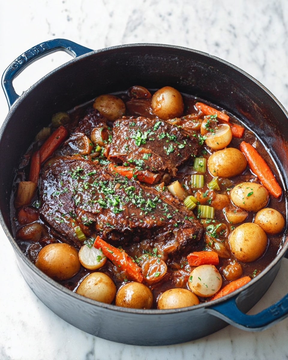 A large dark blue cast iron pot sits on a white marbled surface, filled with a rich stew. The bottom layer contains a dark brown sauce mixed with chunks of orange carrots, small round light brown potatoes, and green celery sticks. On top of this layer, two large pieces of browned meat lay flat and glistening with the sauce. The stew is garnished with small bits of chopped green herbs sprinkled over the meat. Photo taken with an iphone --ar 4:5 --v 7