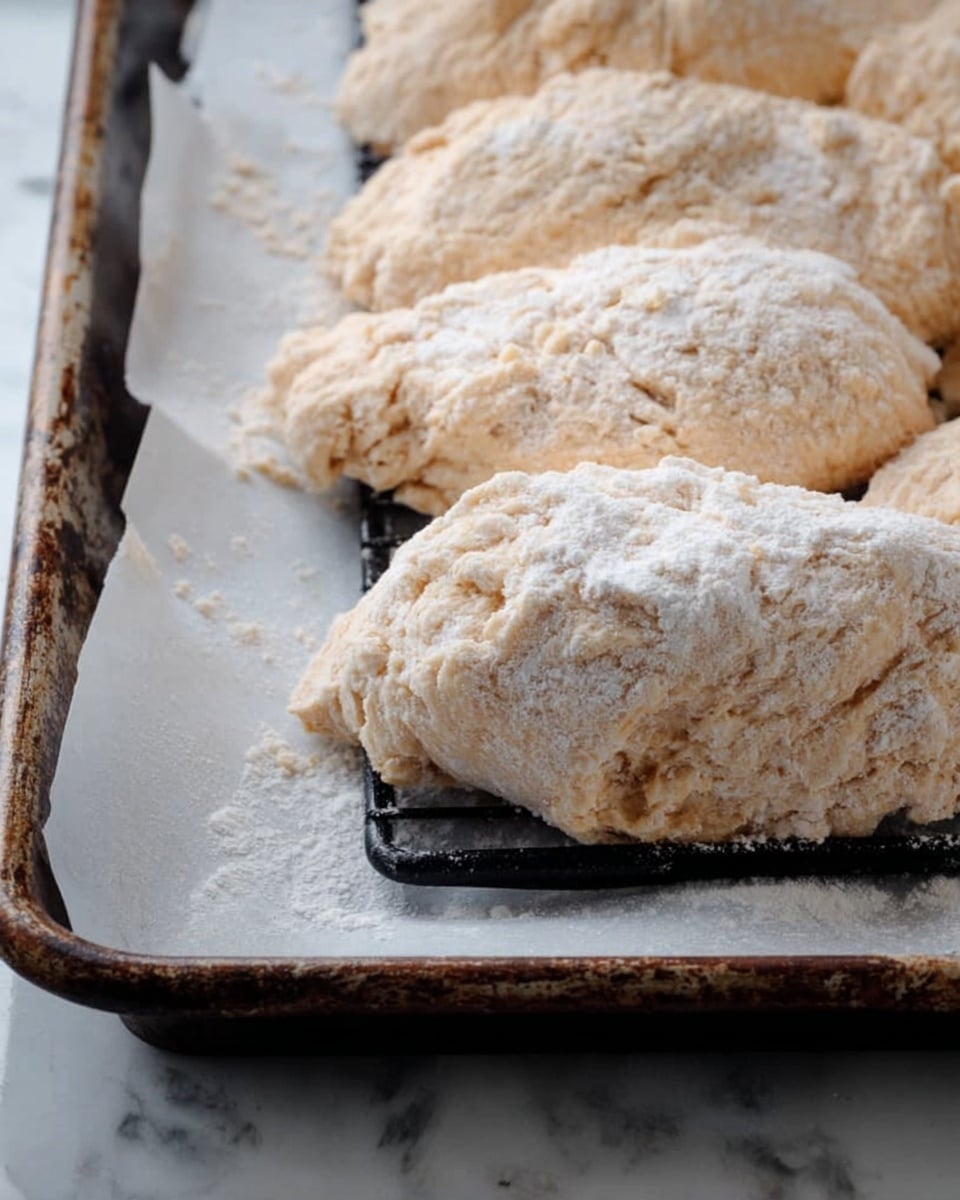 A close-up view of raw dough pieces resting on a black metal rack placed over white parchment paper inside a weathered metal tray. The dough is pale beige with a rough texture and light dusting of white flour on the surface. The dough shapes are irregular and slightly lumpy with some sticky areas visible. The tray sits on a white marbled surface. photo taken with an iphone --ar 4:5 --v 7