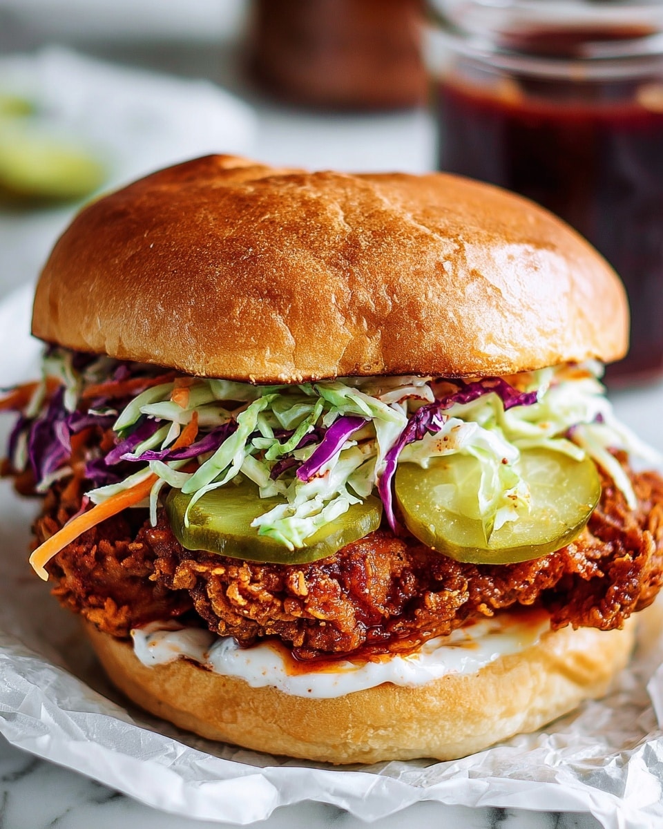 A close-up of a fried chicken sandwich with a soft, shiny golden brown bun on top and bottom. The sandwich has four layers: the bottom bun spread with creamy white mayo with a slight orange tint, a large piece of crispy fried chicken with a crunchy, textured dark golden crust, a layer of green and purple shredded cabbage slaw mixed with thin carrot strips and green onion, and two thick round lime-green pickle slices placed just under the top bun. The sandwich sits on crumpled white paper on a white marbled surface, with a blurred glass of dark red sauce in the background. photo taken with an iphone --ar 4:5 --v 7