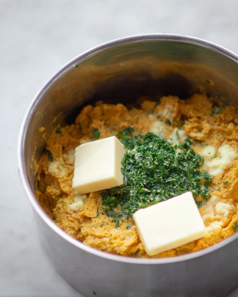 The image shows a round metal pot filled with a thick, yellow-orange cooked mixture that looks soft and crumbly. On top of this mixture, there is a small pile of finely chopped green herbs, and two white squares of butter sit on the very top. The pot with the dish is placed on a white marbled surface. The colors include the warm yellow-orange of the cooked food, the bright green of the herbs, and the creamy white of the butter pieces. Photo taken with an iphone --ar 4:5 --v 7