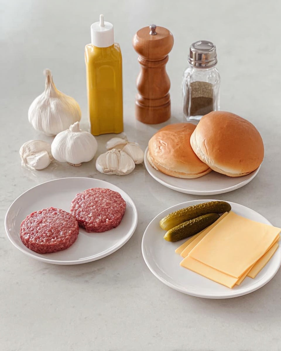 The image shows five white plates arranged on a white marbled surface. The first plate on the left holds a full head of garlic. The second plate displays three raw hamburger patties, their reddish-pink color clear against the white plate. The third plate contains two burger buns, golden brown and slightly shiny, placed side by side. The fourth plate holds thin slices of yellow cheese stacked neatly on one side and a whole green pickle on the other side. Behind the plates are four bottles and shakers: a small yellow mustard bottle, a clear squeeze bottle with yellow sauce, and two wooden salt and pepper shakers. Photo taken with an iphone --ar 4:5 --v 7